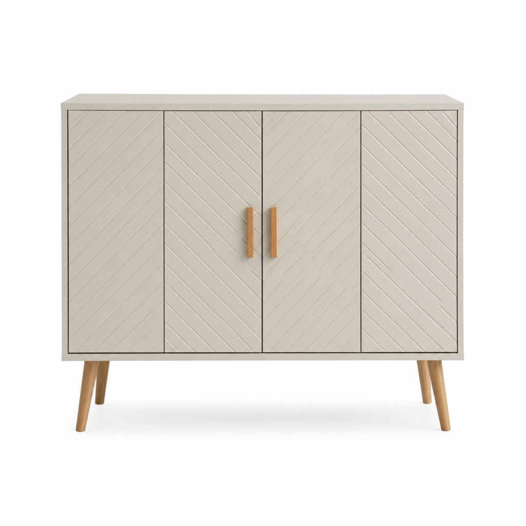 Buffet 4 portes beige en panneaux MDF et pieds en bois massif 120 x 40 x 90 cm