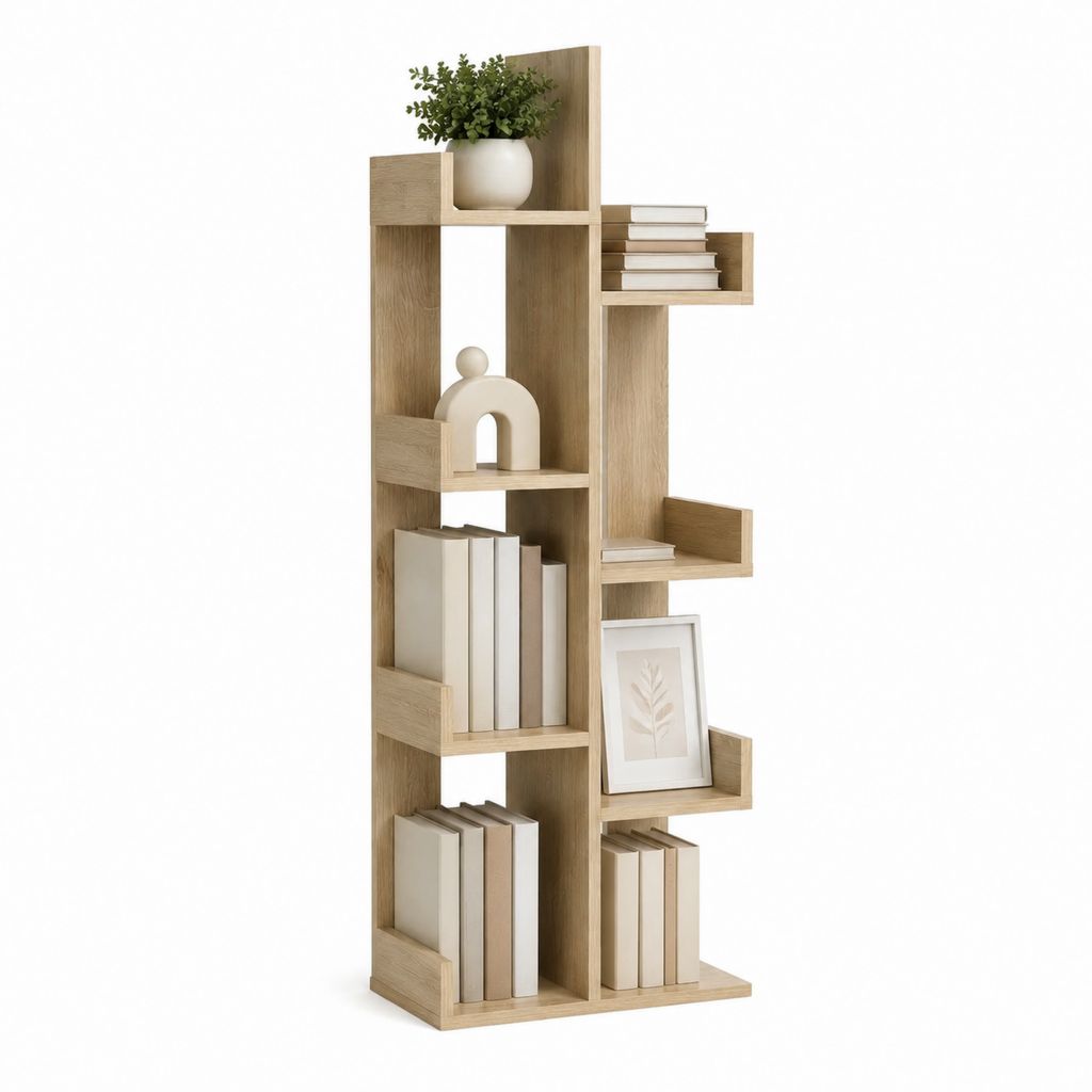 Bibliothèque verticale asymétrique chêne clair en panneaux de particules mélaminés 80 x 30 x 180 cm