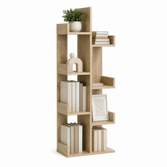 Bibliothèque verticale asymétrique chêne clair en panneaux de particules mélaminés 80 x 30 x 180 cm