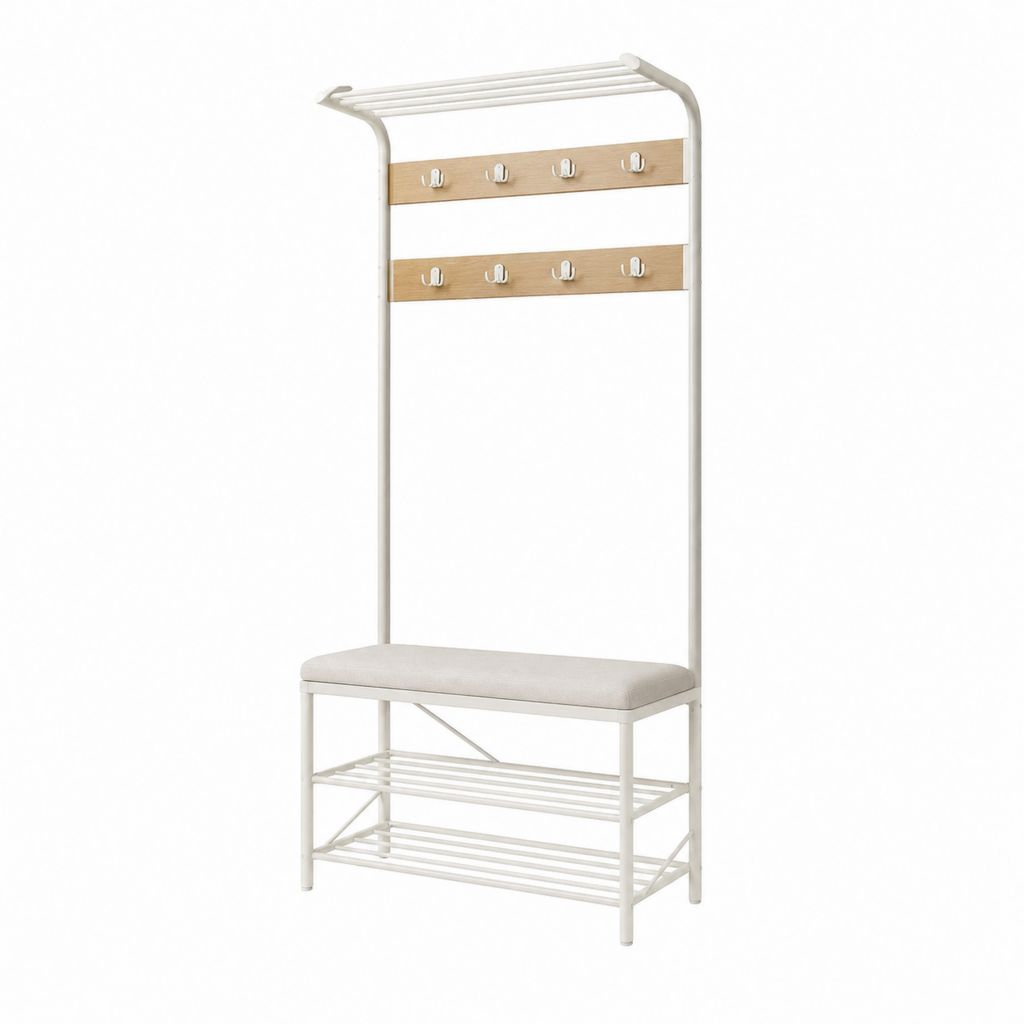 Vestiaire d'entrée rectangulaire avec banc porte-manteaux et range-chaussures blanc chêne clair 80 x 35 x 180 cm