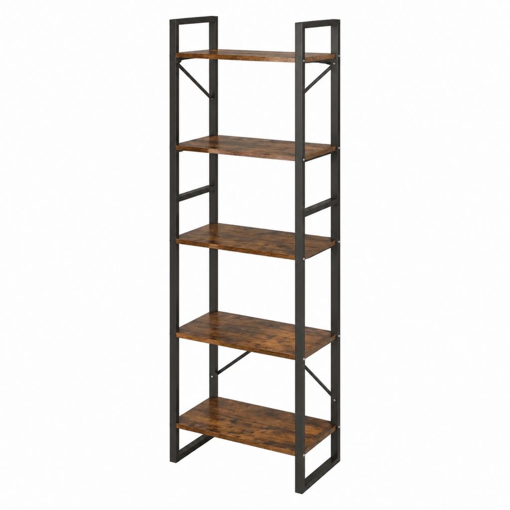 Bibliothèque étagère 5 niveaux marron rustique noir en panneaux de particules et acier 60 x 30 x 180 cm