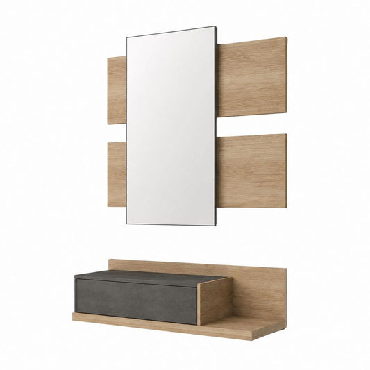 Ensemble d'entrée mural avec miroir rectangulaire tablette et tiroir chêne clair gris 90 x 20 x 110 cm
