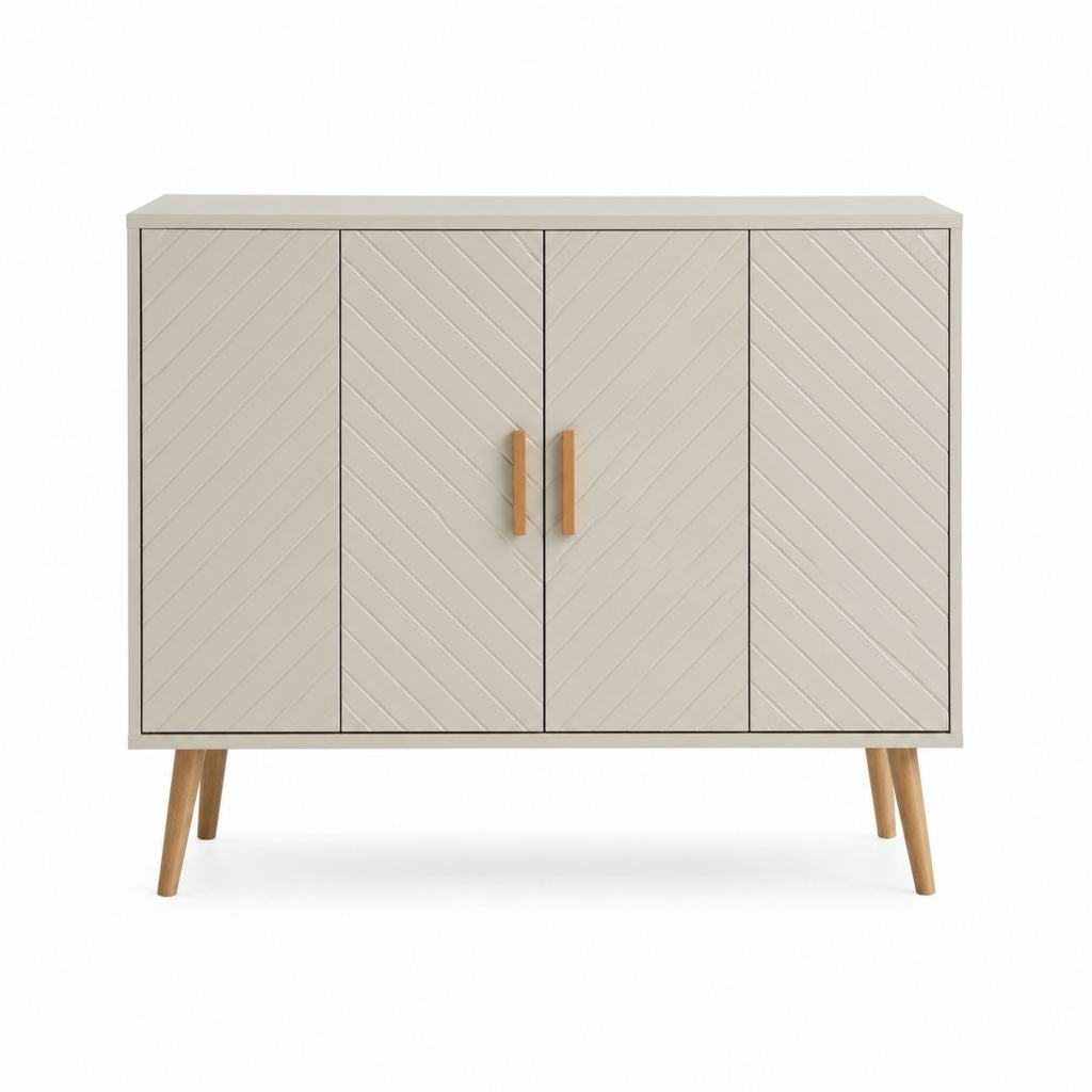Buffet 4 portes beige en panneaux MDF et pieds en bois massif 120 x 40 x 90 cm