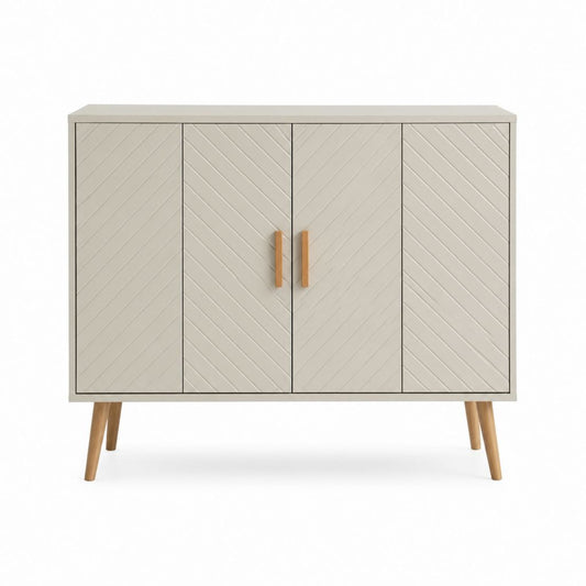 Buffet 4 portes beige en panneaux MDF et pieds en bois massif 120 x 40 x 90 cm