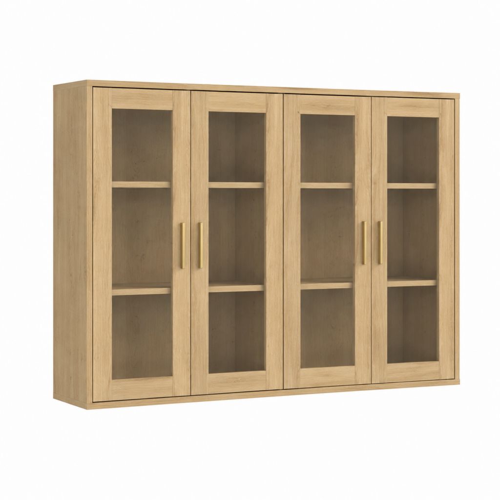 Buffet vitrine 4 portes chêne clair MDF verre trempé rectangulaire 160 x 40 x 140 cm