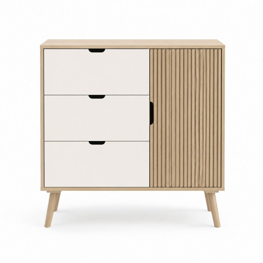 Buffet de rangement 3 tiroirs 1 porte blanc et chêne clair en MDF rectangulaire 100 x 40 x 100 cm
