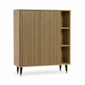 Buffet haut en MDF plaqué chêne naturel avec porte rainurée et étagères 100 x 40 x 160 cm