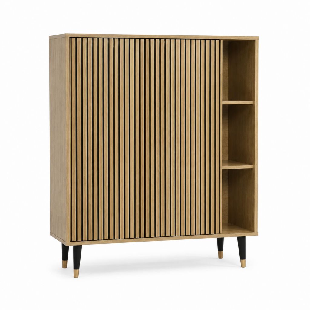 Buffet haut en MDF plaqué chêne naturel avec porte rainurée et étagères 100 x 40 x 160 cm