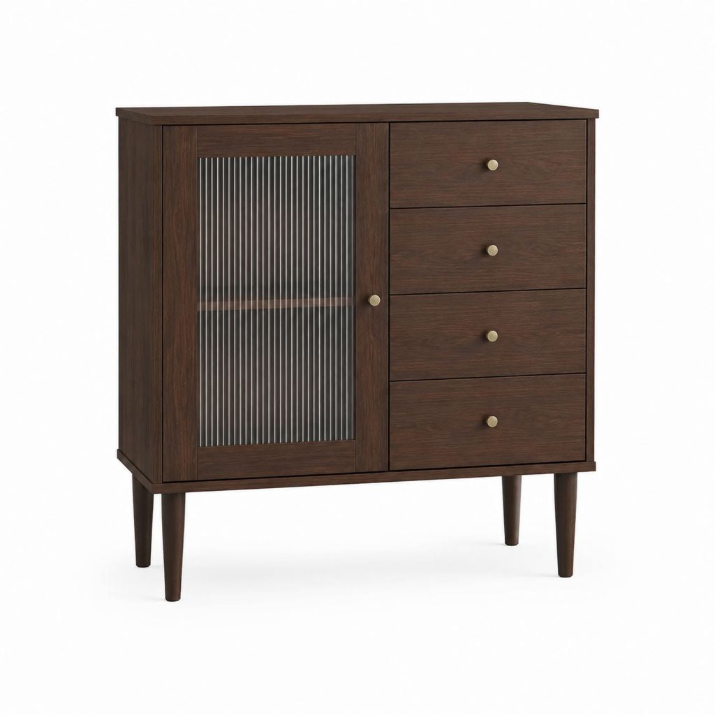 Buffet de rangement brun foncé en panneaux MDF avec porte en verre strié 100 x 40 x 120 cm