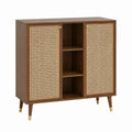 Buffet de salle à manger 2 portes en MDF brun noyer et rotin naturel 120 x 40 x 100 cm