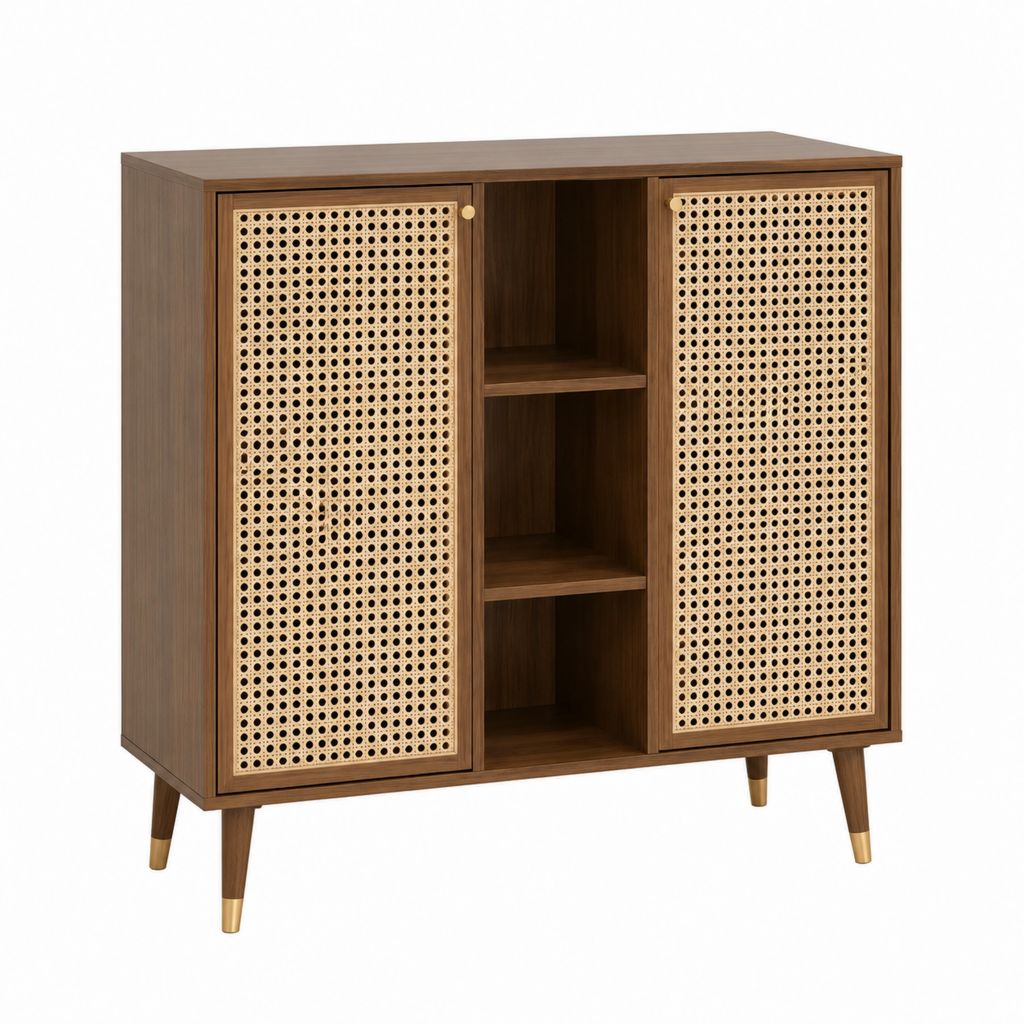 Buffet de salle à manger 2 portes en MDF brun noyer et rotin naturel 120 x 40 x 100 cm