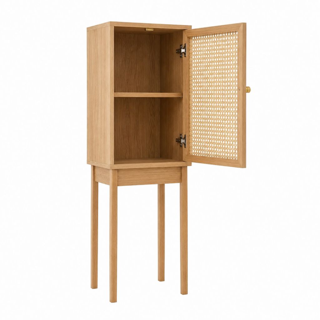 Buffet haut 1 porte en chêne naturel et cannage rectangulaire 60 x 40 x 160 cm
