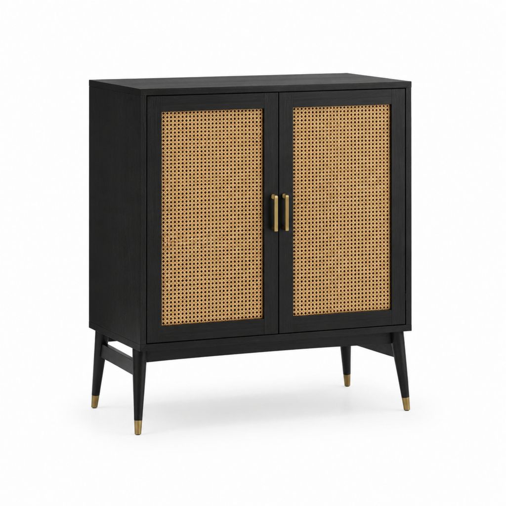 Buffet de salle à manger noir en MDF et cannage naturel rectangulaire 80 x 40 x 100 cm