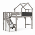 Lit mezzanine enfant cabane avec escalier rangement gris pin massif 90 x 190 cm