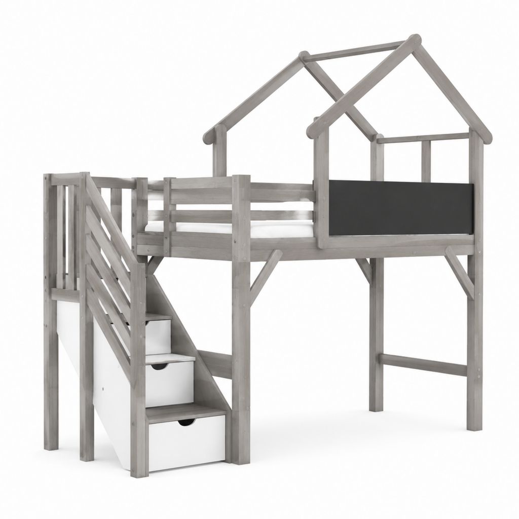 Lit mezzanine enfant cabane avec escalier rangement gris pin massif 90 x 190 cm