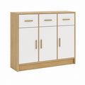 Buffet de salle à manger rectangulaire 3 portes 3 tiroirs blanc et chêne en panneaux MDF 120 x 40 x 120 cm