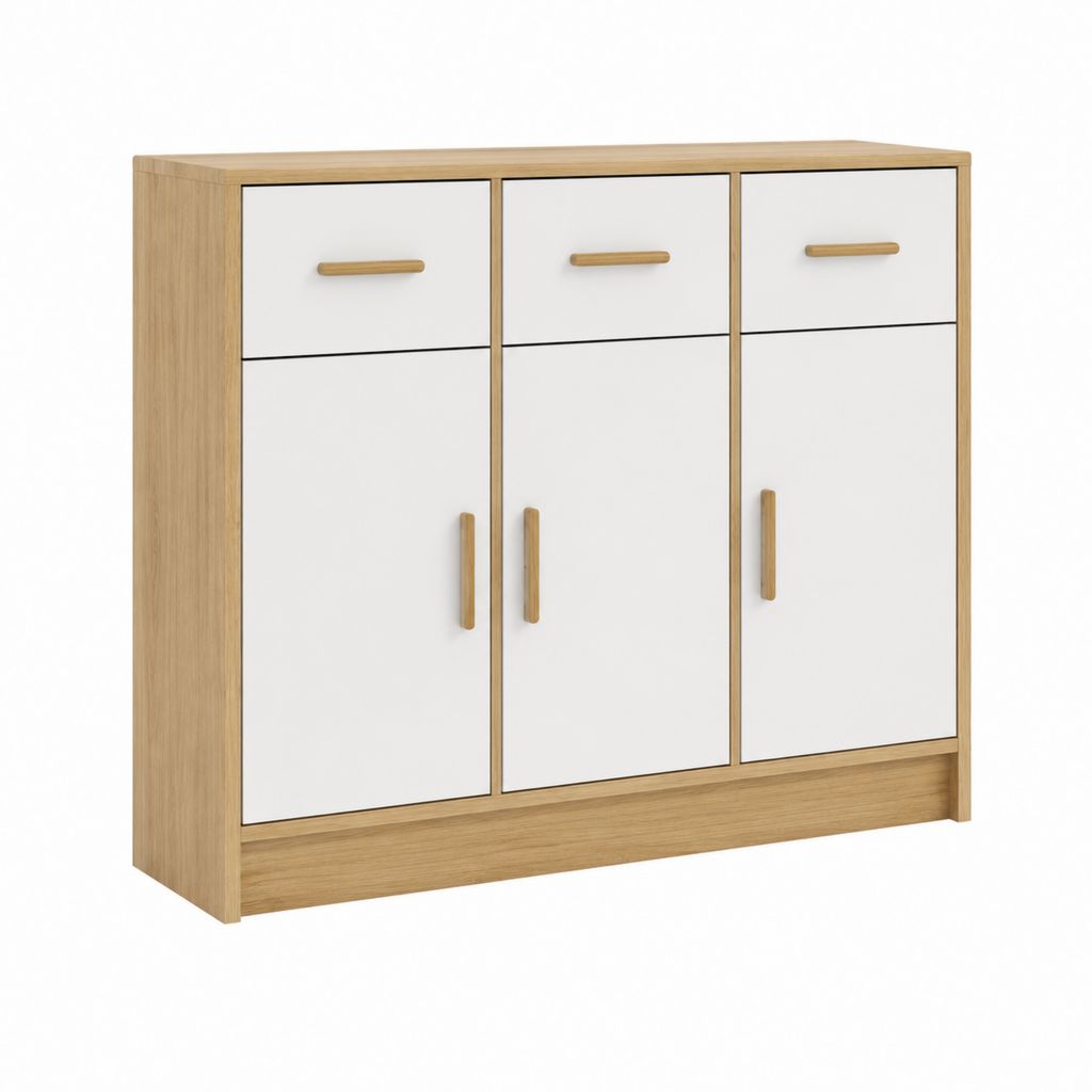 Buffet de salle à manger rectangulaire 3 portes 3 tiroirs blanc et chêne en panneaux MDF 120 x 40 x 120 cm
