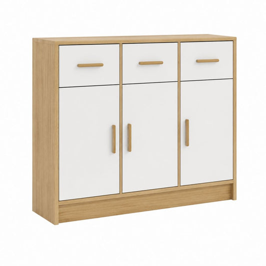 Buffet de salle à manger rectangulaire 3 portes 3 tiroirs blanc et chêne en panneaux MDF 120 x 40 x 120 cm