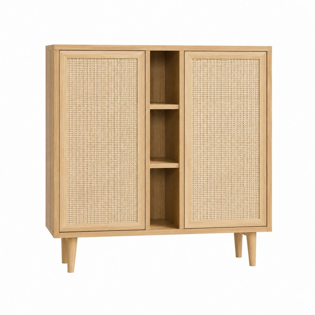 Buffet de salle à manger 2 portes en chêne naturel et cannage rotin 100 x 40 x 120 cm