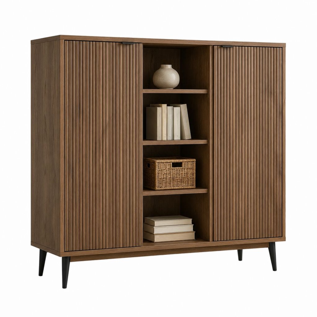 Buffet haut à portes coulissantes marron noyer en MDF plaqué noyer 140 x 40 x 160 cm