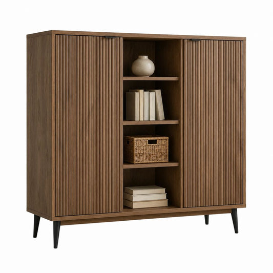 Buffet haut à portes coulissantes marron noyer en MDF plaqué noyer 140 x 40 x 160 cm