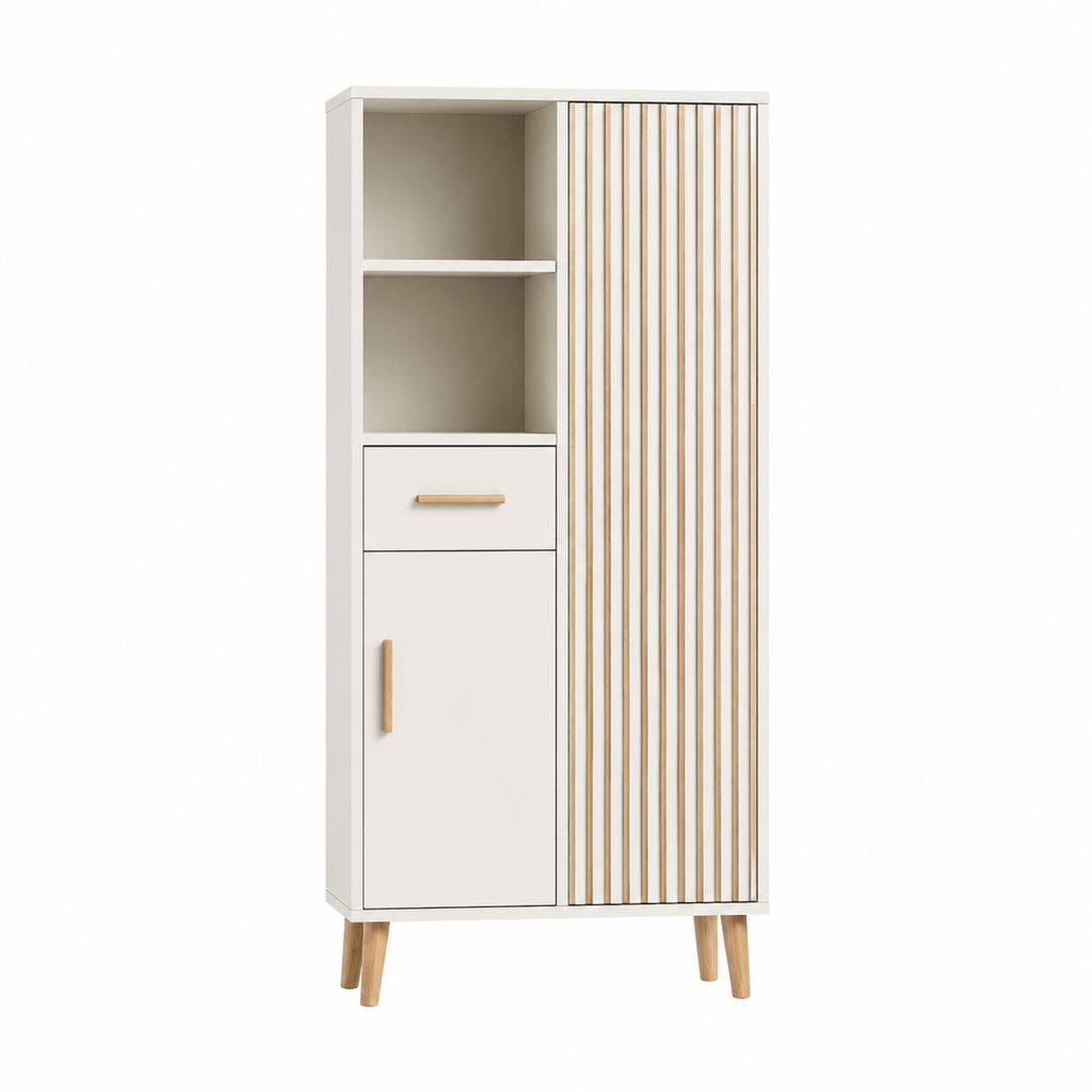Buffet haut 2 portes 1 tiroir blanc et chêne en panneaux de particules 80 x 40 x 180 cm
