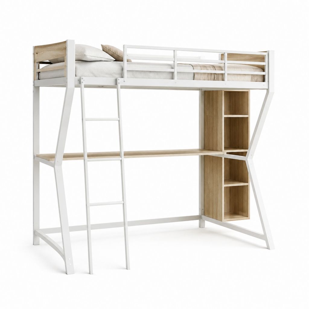 Lit mezzanine enfant blanc et chêne avec bureau étagères et échelle 90 x 190 cm