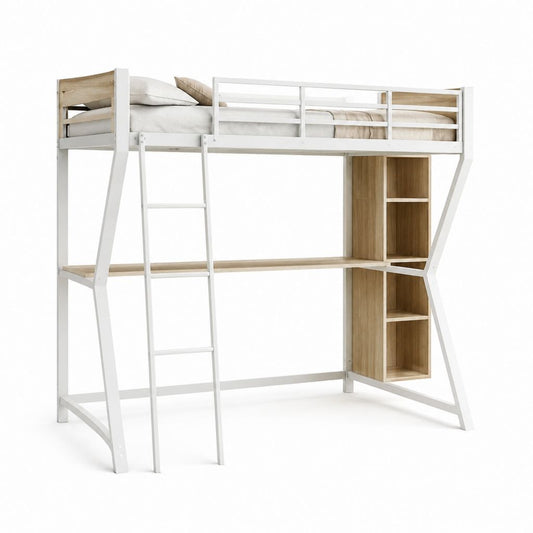 Lit mezzanine enfant blanc et chêne avec bureau étagères et échelle 90 x 190 cm