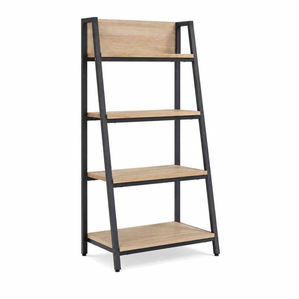 Étagère bibliothèque échelle 4 niveaux chêne clair et acier noir 80 x 40 x 180 cm