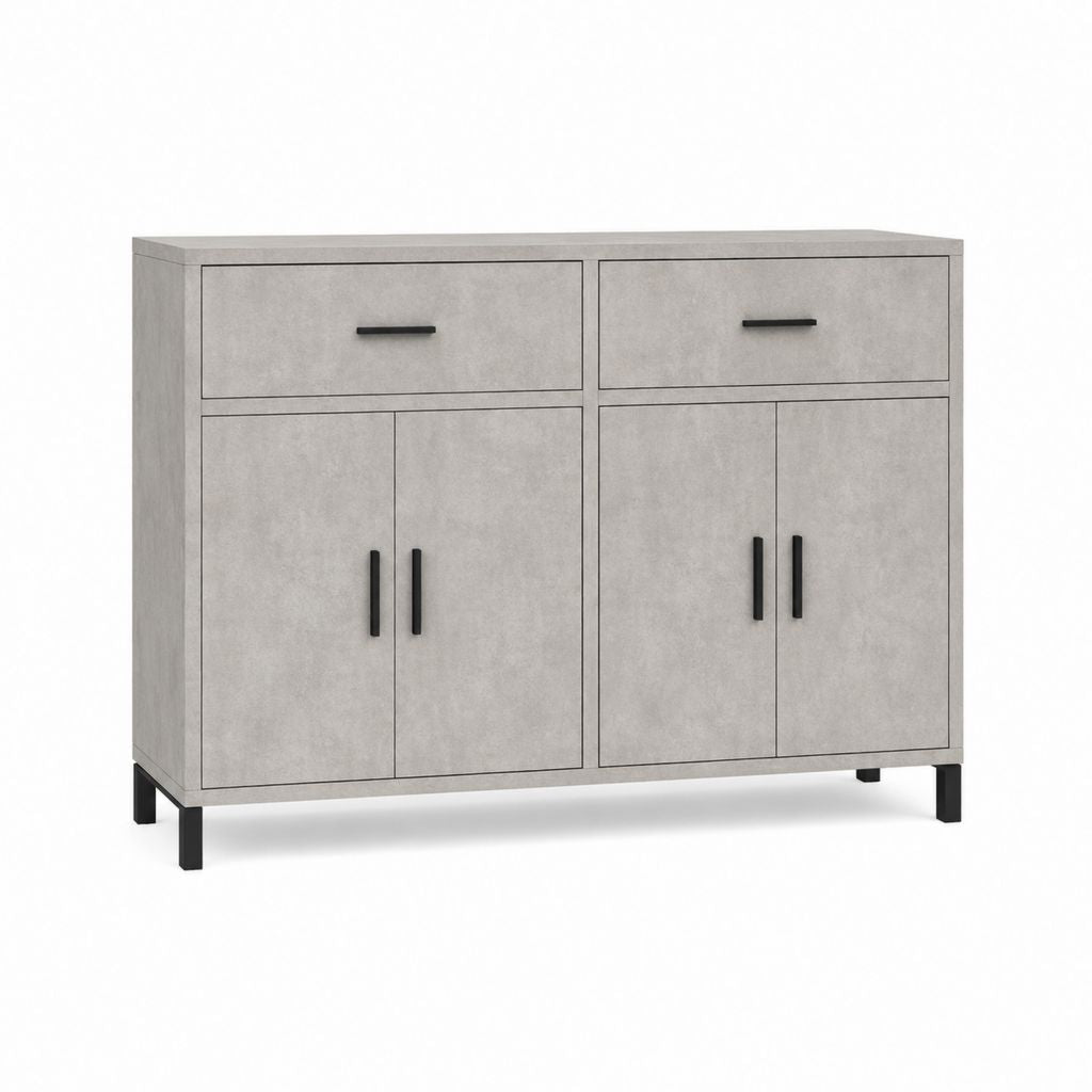 Buffet de rangement gris béton en panneaux de particules rectangulaire 120 x 40 x 90 cm avec 2 tiroirs et 4 portes