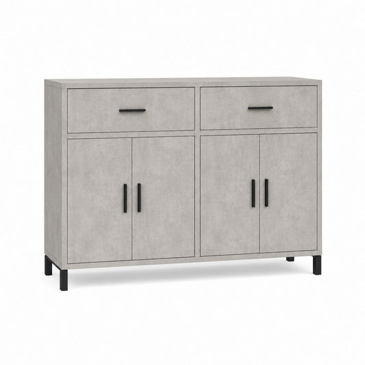 Buffet de rangement gris béton en panneaux de particules rectangulaire 120 x 40 x 90 cm avec 2 tiroirs et 4 portes