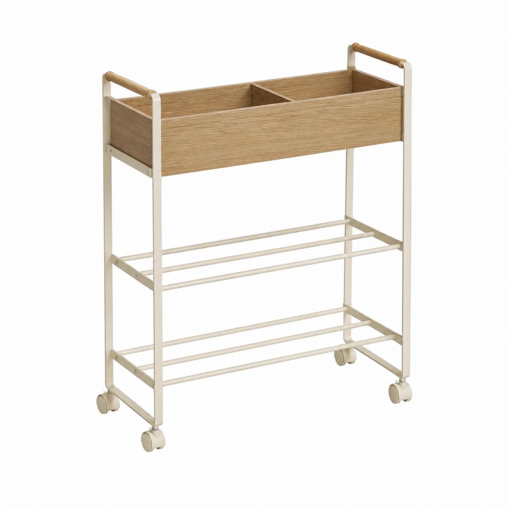 Meuble à chaussures à roulettes avec rangement supérieur blanc cassé et chêne clair en acier et MDF 60 x 30 x 85 cm