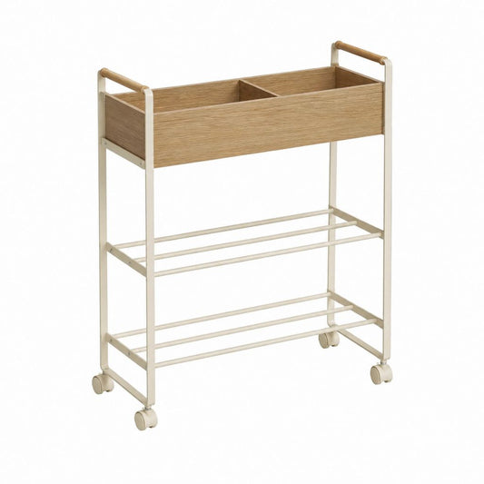 Meuble à chaussures à roulettes avec rangement supérieur blanc cassé et chêne clair en acier et MDF 60 x 30 x 85 cm