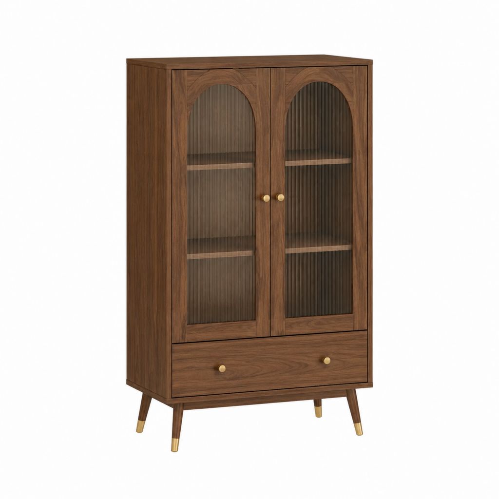 Buffet vaisselier rectangulaire noyer MDF et verre strié 90 x 40 x 160 cm